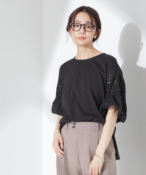 お花柄レース切替バルーンスリーブカットトップス