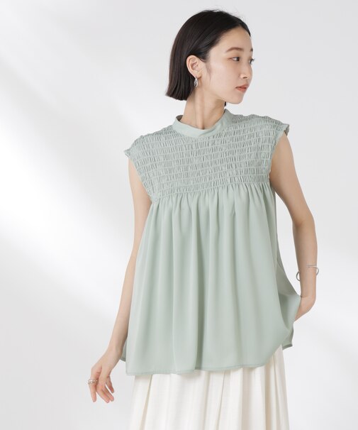 フロントシャーリングノースリーブブラウス