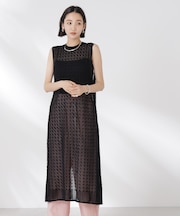 前後2wayダイヤ透かし柄ノースリーブニットワンピース