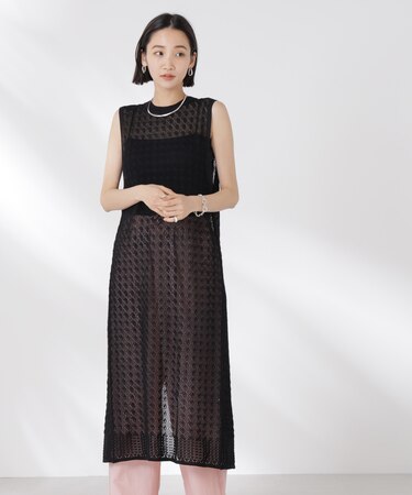 前後2wayダイヤ透かし柄ノースリーブニットワンピース