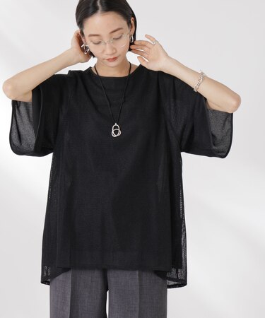 メッシュ×シフォンコンビチュニックトップス