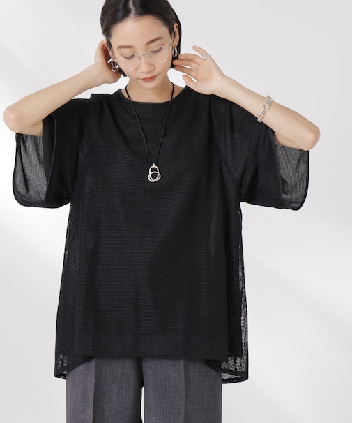 メッシュ×シフォンコンビチュニックトップス