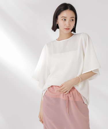 メッシュ×シフォンコンビチュニックトップス