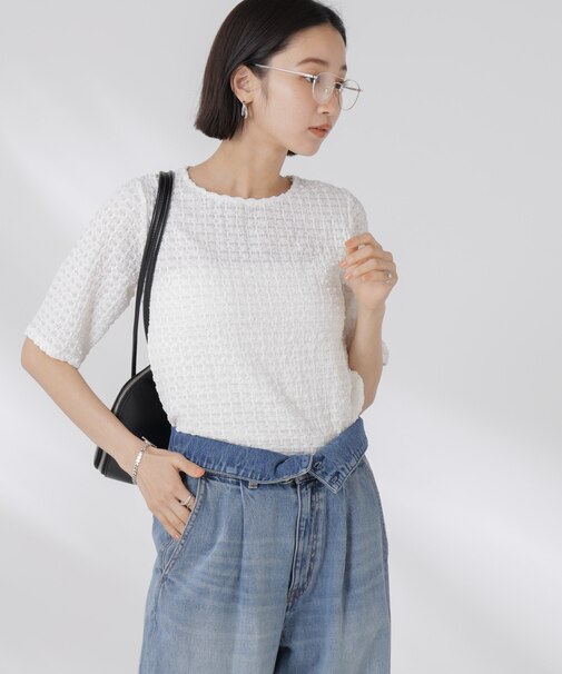 カットサッカークルーネックTシャツ