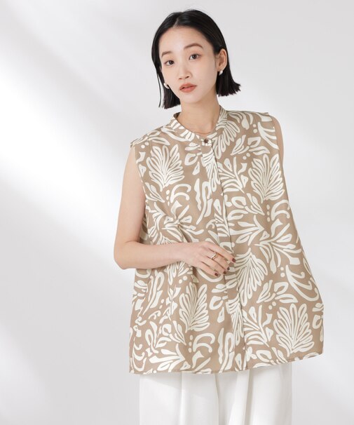 ボタニカルプリントノースリーブフレアブラウス(セットアップ可)