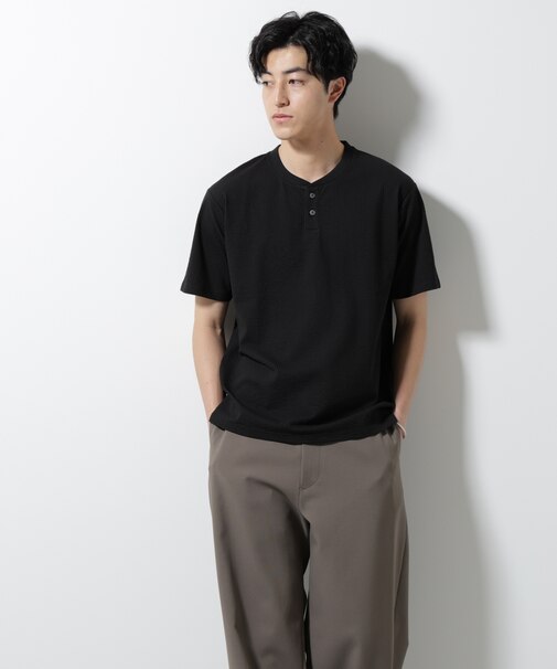 ジャージーサッカーヘンリーネックTシャツ 半袖