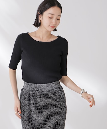 ボートネックリブニットトップス