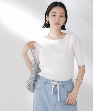 ボートネックリブニットトップス