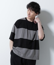 リラックス異素材ボーダーTシャツ 半袖