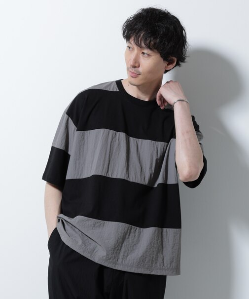 リラックス異素材ボーダーTシャツ 半袖