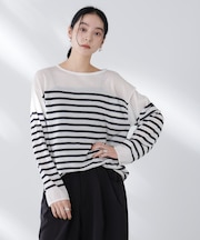 コットンナイロンシアーボーダーニットトップス