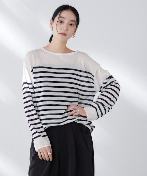 コットンナイロンシアーボーダーニットトップス