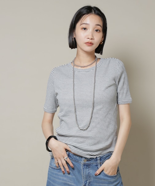 マルチボーダーテレコリブカットトップス