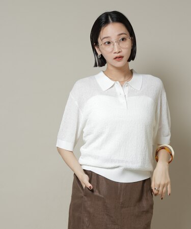 梨地半袖ポロニット