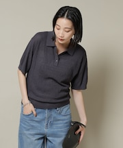 梨地半袖ポロニット