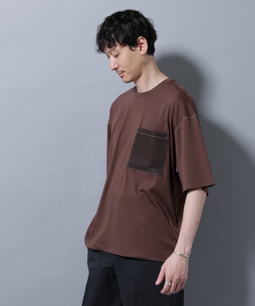 配色ステッチ フェイクスエードポケットTシャツ
