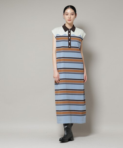 コットンボーダーレース編みポロニットワンピース