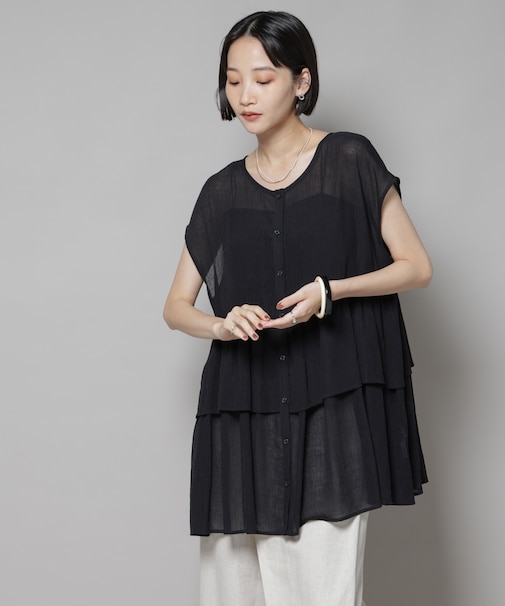 前後2wayシアー楊柳ノースリーブティアードブラウス