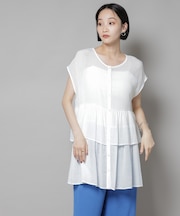 前後2wayシアー楊柳ノースリーブティアードブラウス