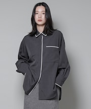 トリミング刺繍ツイルシャツ