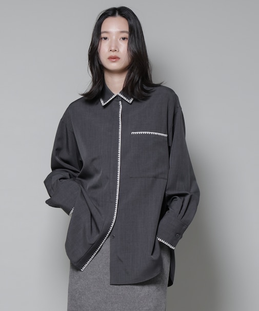 トリミング刺繍ツイルシャツ