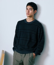 マーセライズコットン 畦ボーダークルーネックニット