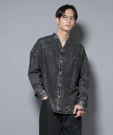 「大人のワイドシャツ」バンドカラーデニム 長袖