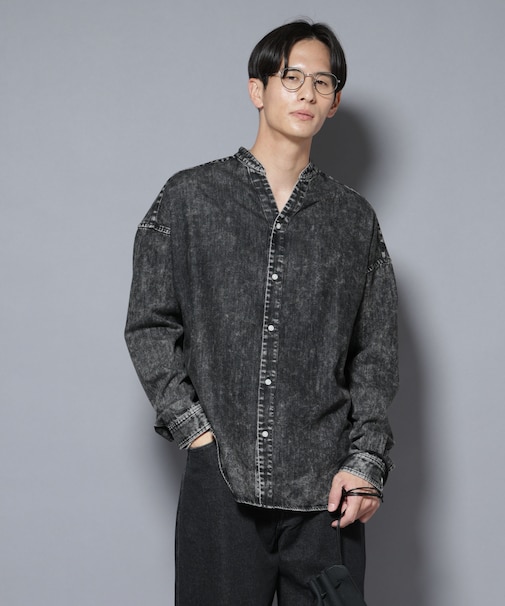 「大人のワイドシャツ」バンドカラーデニム 長袖