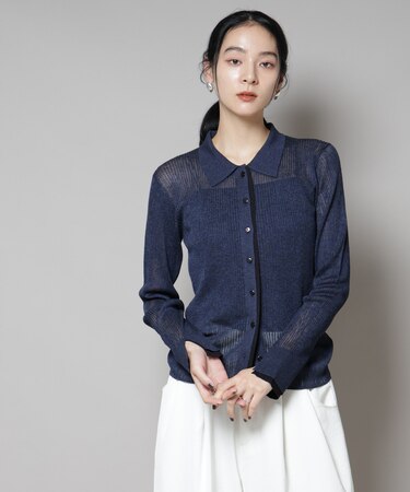 バイカラーシアーリブ衿付きカーディガン