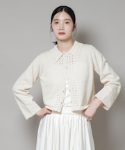 衿付アイレットクロップドニットカーディガン