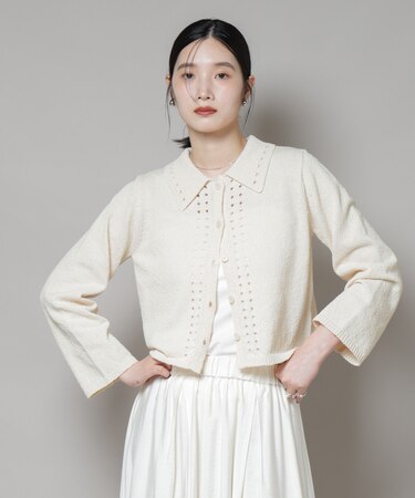 衿付アイレットクロップドニットカーディガン