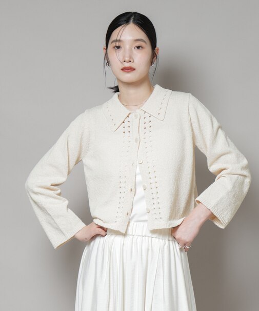 衿付アイレットクロップドニットカーディガン