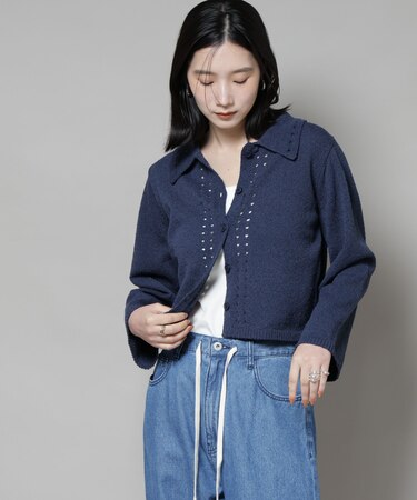衿付アイレットクロップドニットカーディガン