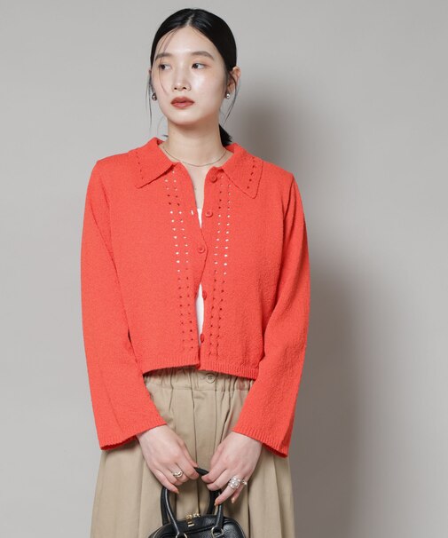 衿付アイレットクロップドニットカーディガン