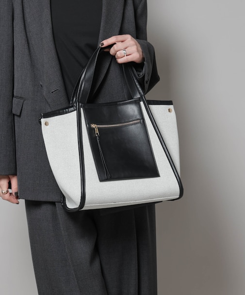 キャンバス×フェイクレザーポケットバッグ