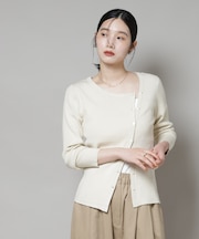 アシメネックデサインリブニットトップス