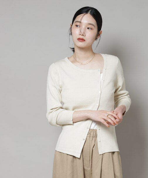 アシメネックデサインリブニットトップス