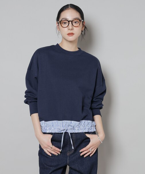 ブロード切替クルーネック裏毛トップス