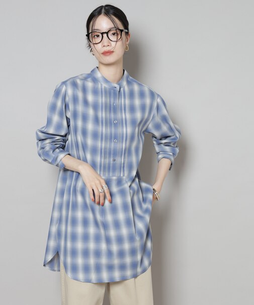 ピンタックデザインチェックプルオーバーブラウス