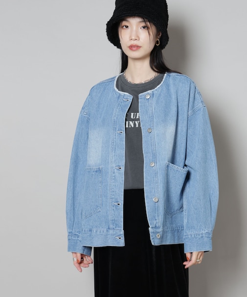 ノーカラーデニムジャケット