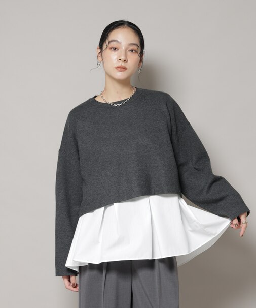 ダブルジャガードニット×タックブラウス ペプラムセット