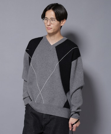 アンゴラ混アーガイルVネックニット