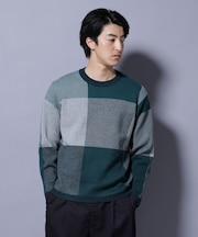 ブロックチェッククルーネックニット