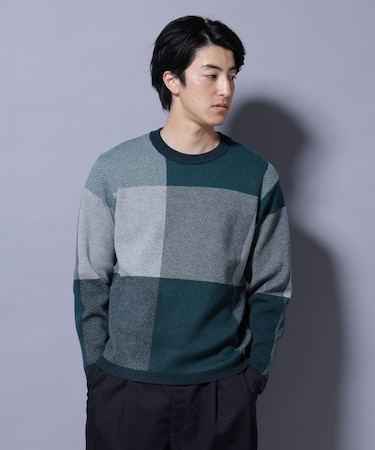 ブロックチェッククルーネックニット