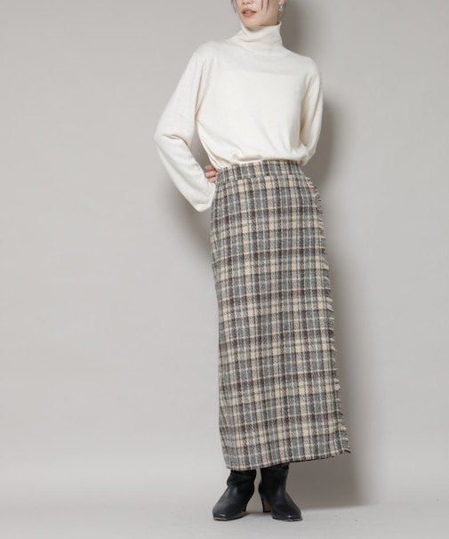 チェックフリンジラップ風スカート(セットアップ可)
