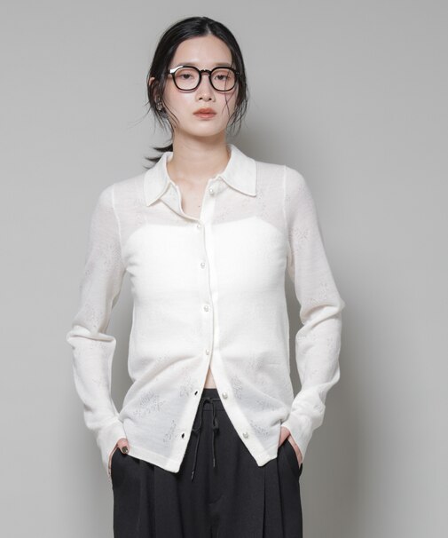 レースジャカード長袖ポロカーディガン