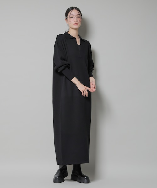 美品✨フォクシー 襟付きスキッパーニットドレス 切替半袖ワンピース グレー 38 スウェットライク衿付きスキッパーニットワンピース｜ナノ・ユニバース