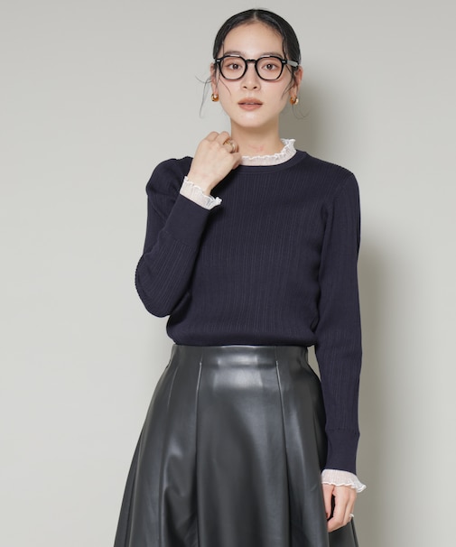 ホホバオイル加工チュールフリル付きランダムリブニット