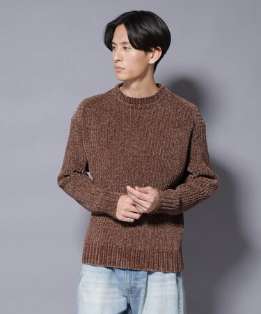 ローゲージ ベロアモール クルーネックニット