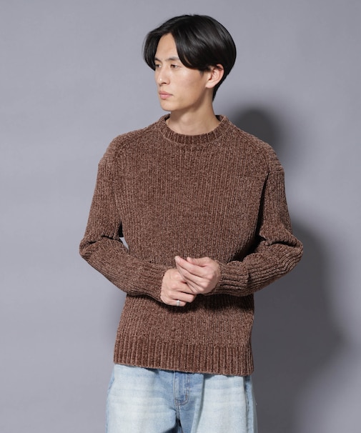 ローゲージ ベロアモール クルーネックニット